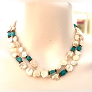 Jaded Jewels NYC Freshwater Pearl and Blue Topaz or Aquamarine Long Necklace 34”